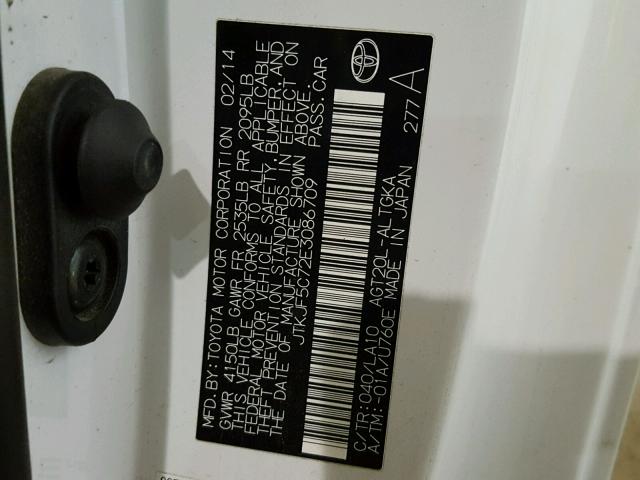 JTKJF5C72E3086709 - 2014 TOYOTA SCION TC 白色 照片 10