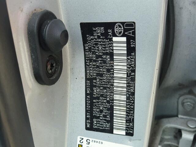 2T1BR30E38C914238 - 2008 TOYOTA COROLLA CE SILVER photo 10