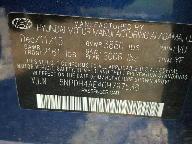 5NPDH4AE4GH797538 - 2016 HYUNDAI ELANTRA BLUE photo 10