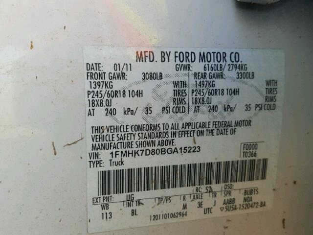 1FMHK7D80BGA15223 - 2011 FORD EXPLORER WHITE photo 10