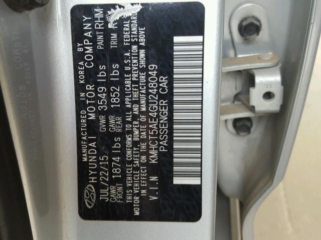 KMHCT5AE4GU248049 - 2016 HYUNDAI ACCENT SE GRAY photo 10