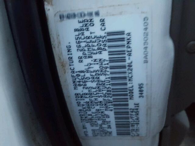 4T1BF28B51U177917 - 2001 TOYOTA AVALON WHITE photo 10