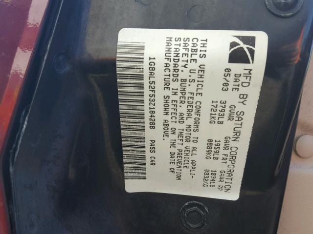 1G8AL52F53Z184288 - 2003 SATURN ION LEVEL BURGUNDY photo 10