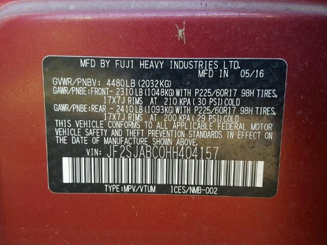 JF2SJABC0HH404157 - 2017 SUBARU FORESTER BURGUNDY photo 10