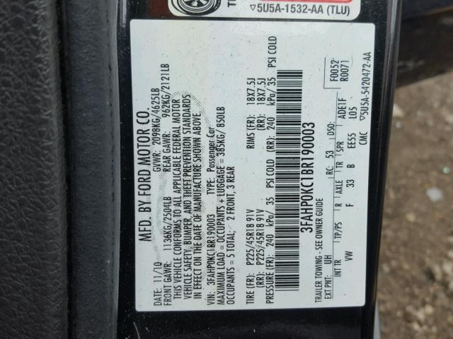 3FAHP0KC1BR190003 - 2011 FORD FUSION SPO BLACK photo 10