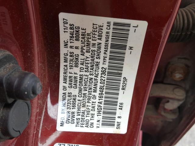 1HGFA16948L027362 - 2008 HONDA CIVIC EXL 栗色 照片 10