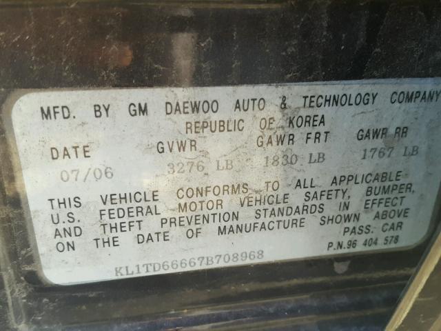 KL1TD66667B708968 - 2007 CHEVROLET AVEO BASE Սև լուսանկար 10