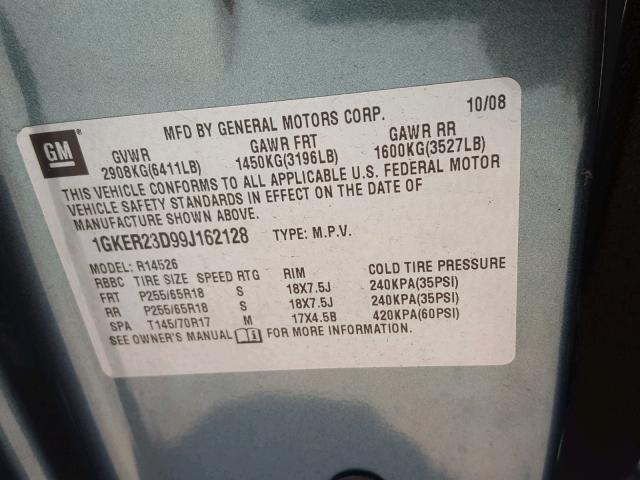 1GKER23D99J162128 - 2009 GMC ACADIA SLT მწვანე ფოტო 10