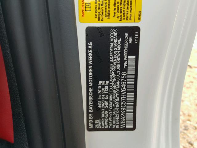 WBA2K9C57HV646758 - 2017 BMW 230I WHITE photo 10