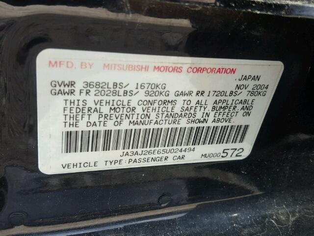 JA3AJ26E65U024494 - 2005 MITSUBISHI LANCER ES BLACK photo 10