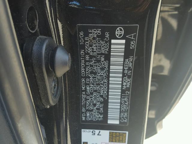 JTDKB20U877576485 - 2007 TOYOTA PRIUS BLACK photo 10