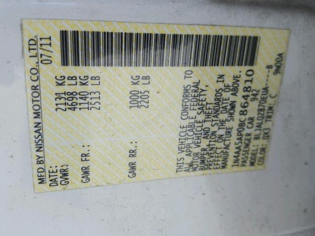 1N4AA5AP0BC864810 - 2011 NISSAN MAXIMA S Biały zdjęcie 10