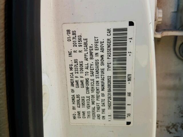 1HGCP26318A082852 - 2008 HONDA ACCORD LX WHITE photo 10