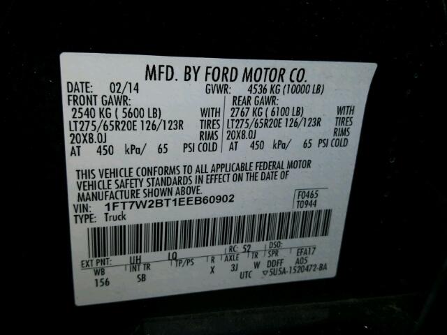 1FT7W2BT1EEB60902 - 2014 FORD F250 BLACK photo 10