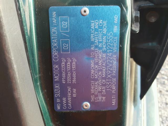 JS3TX92V224122555 - 2002 SUZUKI XL7 GREEN photo 10