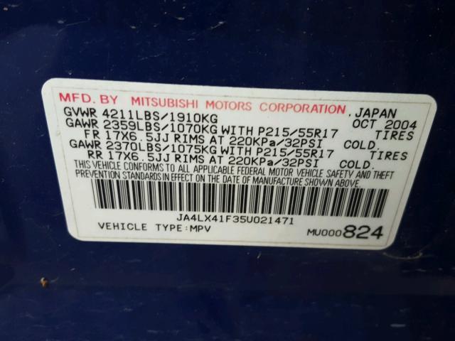 JA4LX41F35U021471 - 2005 MITSUBISHI OUTLANDER BLUE photo 10