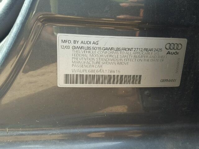 WAUPL68E64A178615 - 2004 AUDI S4 GRAY photo 10