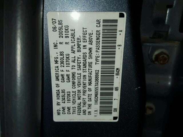 1HGCM66557A088962 - 2007 HONDA ACCORD EX BLUE photo 10