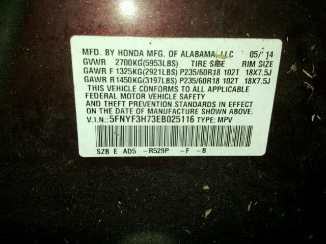 5FNYF3H73EB025116 - 2014 HONDA PILOT BURGUNDY photo 10