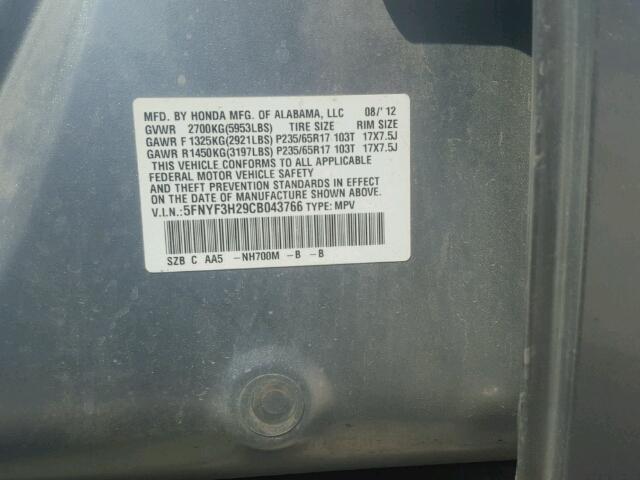 5FNYF3H29CB043766 - 2012 HONDA PILOT LX SILVER photo 10