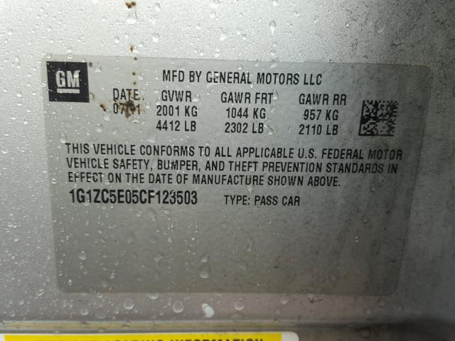 1G1ZC5E05CF123503 - 2012 CHEVROLET MALIBU 1LT SILVER photo 10