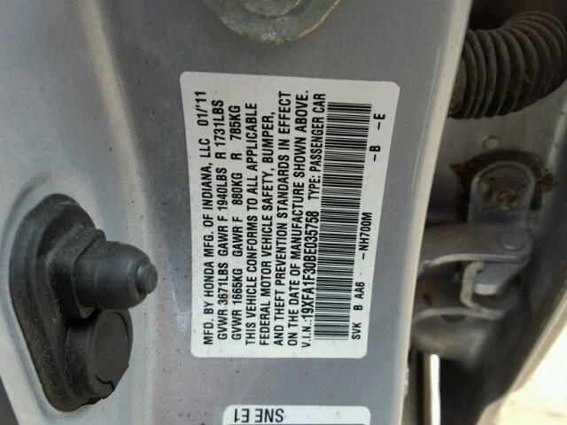 19XFA1F30BE035758 - 2011 HONDA CIVIC SILVER photo 10