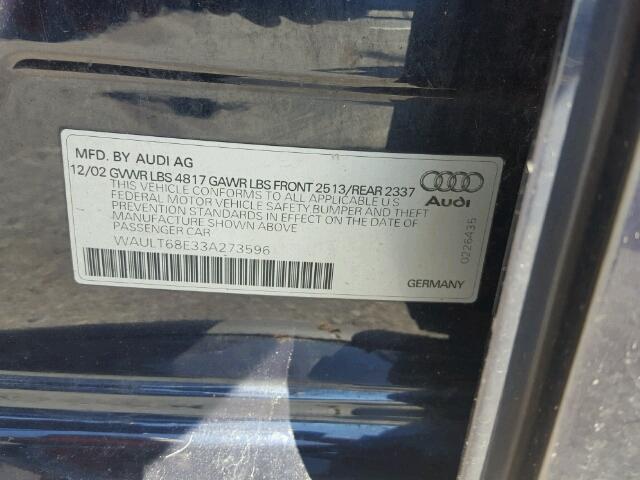 WAULT68E33A273596 - 2003 AUDI A4 3.0 QUA BLUE photo 10