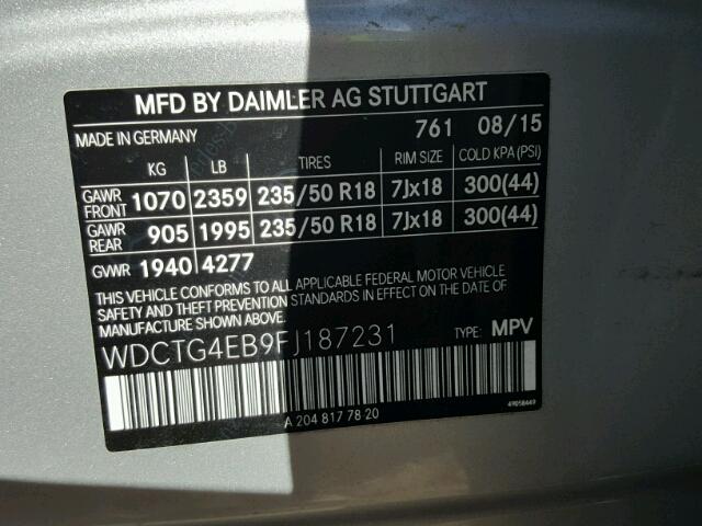 WDCTG4EB9FJ187231 - 2015 MERCEDES-BENZ GLA 250 SILVER photo 10