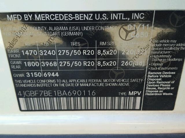 4JGBF7BE1BA690116 - 2011 MERCEDES-BENZ GL 450 4MA WHITE photo 10