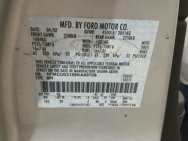 1FMCU03158KA59708 - 2008 FORD ESCAPE SILVER photo 10