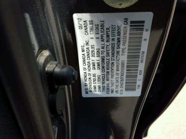 2HGFB2F90CH556851 - 2012 HONDA CIVIC EXL GRAY photo 10