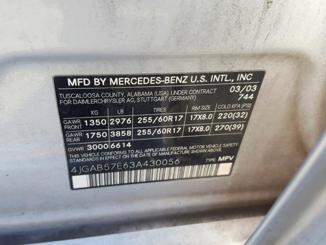 4JGAB57E63A430056 - 2003 MERCEDES-BENZ ML 350 SILVER photo 10