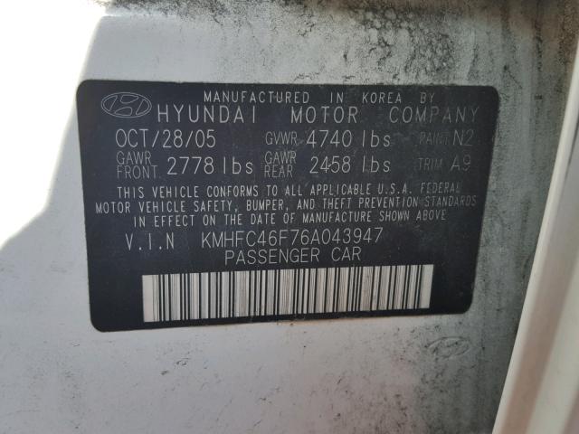 KMHFC46F76A043947 - 2006 HYUNDAI AZERA SE WHITE photo 10