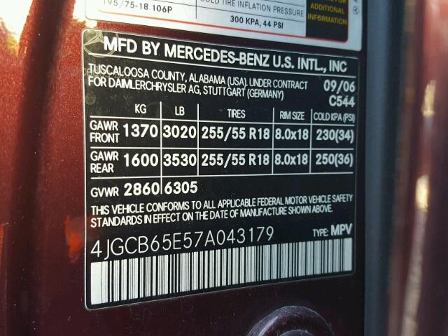 4JGCB65E57A043179 - 2007 MERCEDES-BENZ R 350 BURGUNDY photo 10