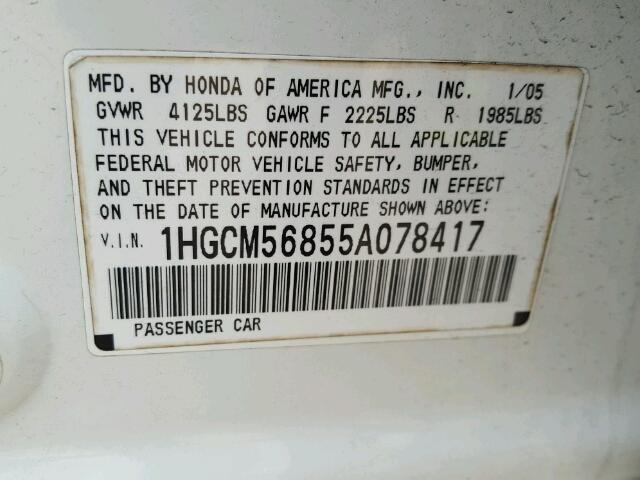 1HGCM56855A078417 - 2005 HONDA ACCORD EX WHITE photo 10