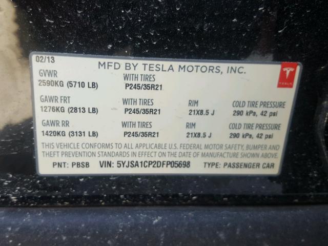 5YJSA1CP2DFP05698 - 2013 TESLA MODEL S BLACK photo 10