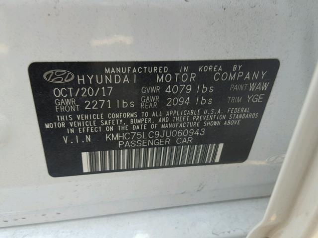 KMHC75LC9JU060943 - 2018 HYUNDAI IONIQ SEL WHITE photo 10