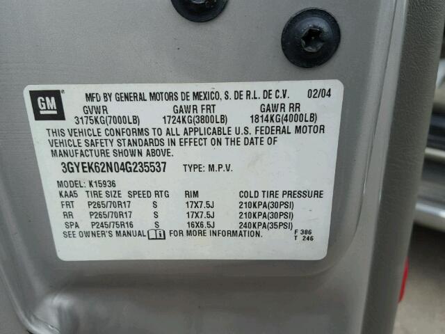 3GYEK62N04G235537 - 2004 CADILLAC ESCALADE E SILVER photo 10