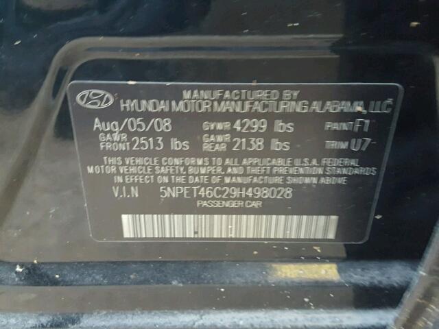 5NPET46C29H498028 - 2009 HYUNDAI SONATA GLS BLACK photo 10