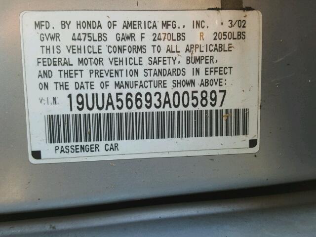 19UUA56693A005897 - 2003 ACURA 3.2TL SILVER photo 10