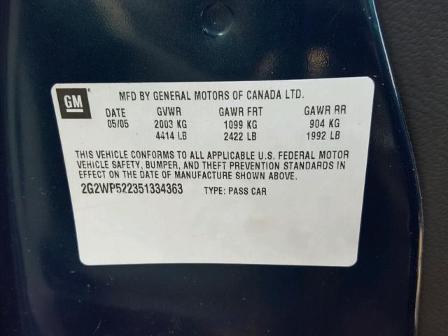 2G2WP522351334363 - 2005 PONTIAC GRAND PRIX BLUE photo 10