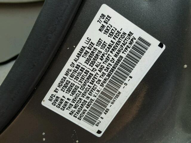 5FNRL38298B099808 - 2008 HONDA ODYSSEY GRAY photo 10