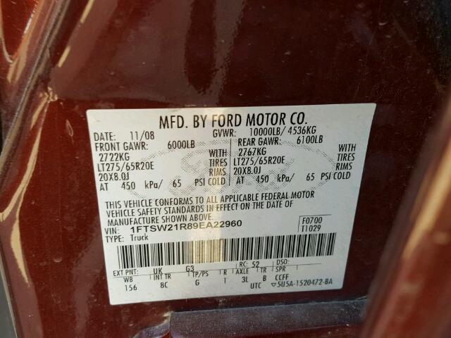 1FTSW21R89EA22960 - 2009 FORD F250 MAROON photo 10