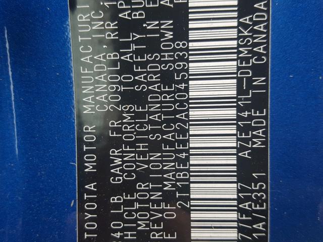 2T1BE4EE2AC045938 - 2010 TOYOTA COROLLA XR 蓝色 照片 10