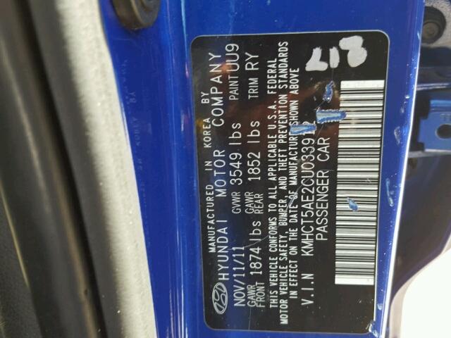 KMHCT5AE2CU033912 - 2012 HYUNDAI ACCENT BLUE photo 10