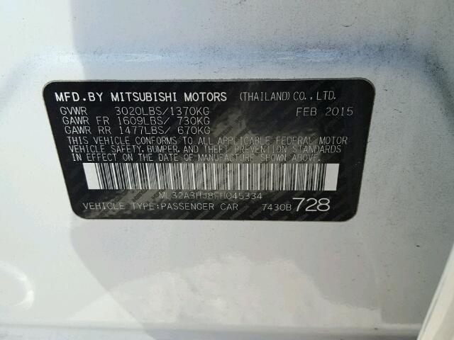 ML32A3HJ8FH045334 - 2015 MITSUBISHI MIRAGE DE WHITE photo 10