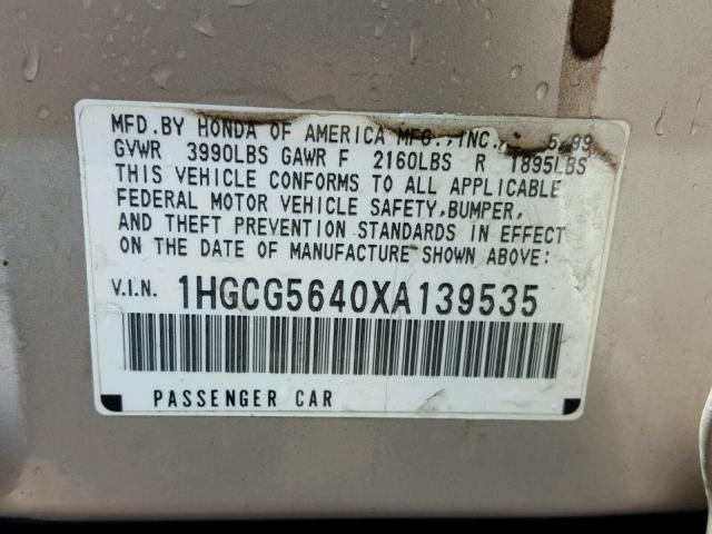 1HGCG5640XA139535 - 1999 HONDA ACCORD LX SILVER photo 10