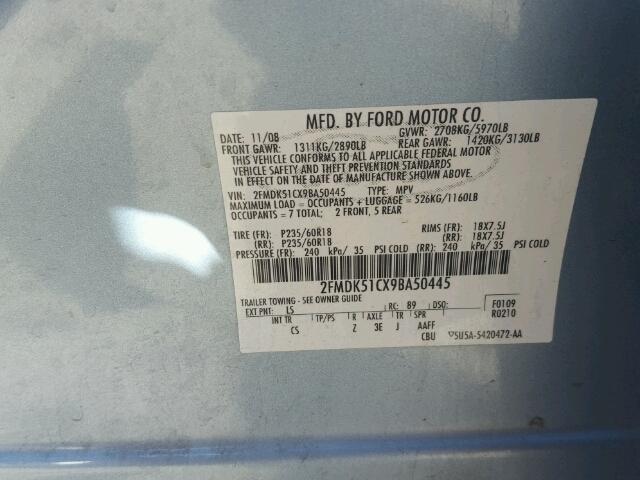 2FMDK51CX9BA50445 - 2009 FORD FLEX SE BLUE photo 10