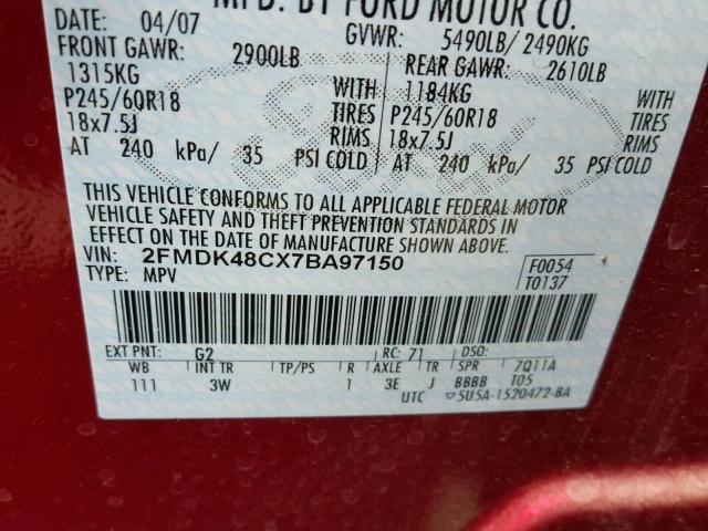 2FMDK48CX7BA97150 - 2007 FORD EDGE SEL RED photo 10