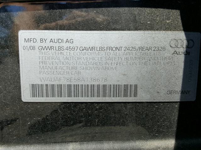 WAUAF78E58A138678 - 2008 AUDI A4 2.0T BLACK photo 10